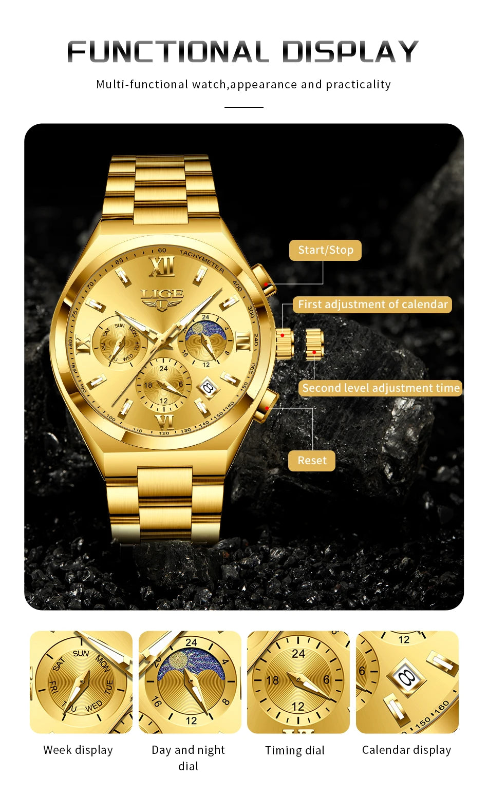 LIGE Watches For Women Elegant Luminous Date Women's Quartz Watches Stainless Steel Sports Waterproof Bracelet Watch Women Gift