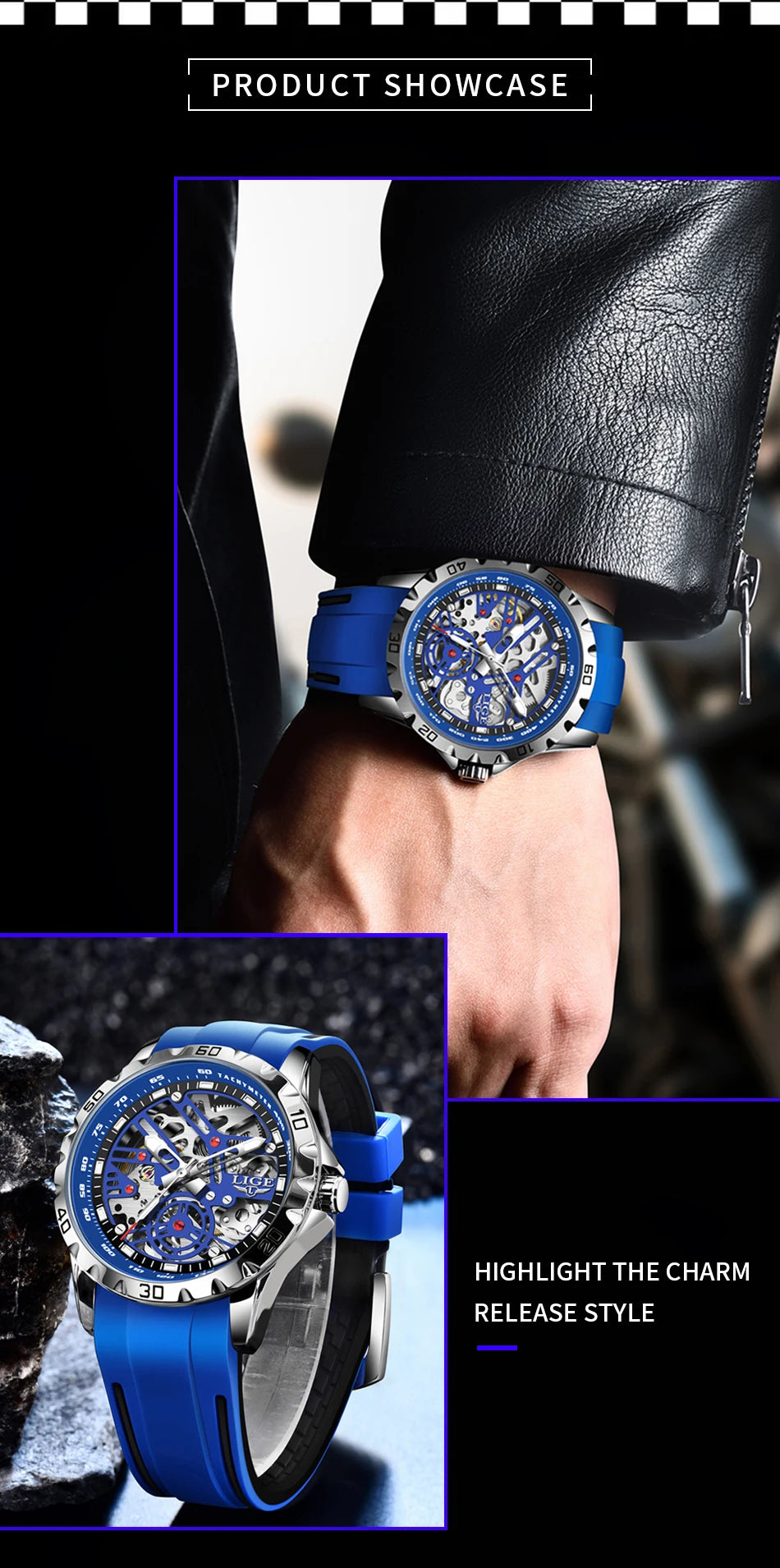 LIGE Luxury Men  Automatic Mechanical Watch Luminous Hollowed Movement Waterproof Luminous Mechanical wristwatches  Reloj Montre