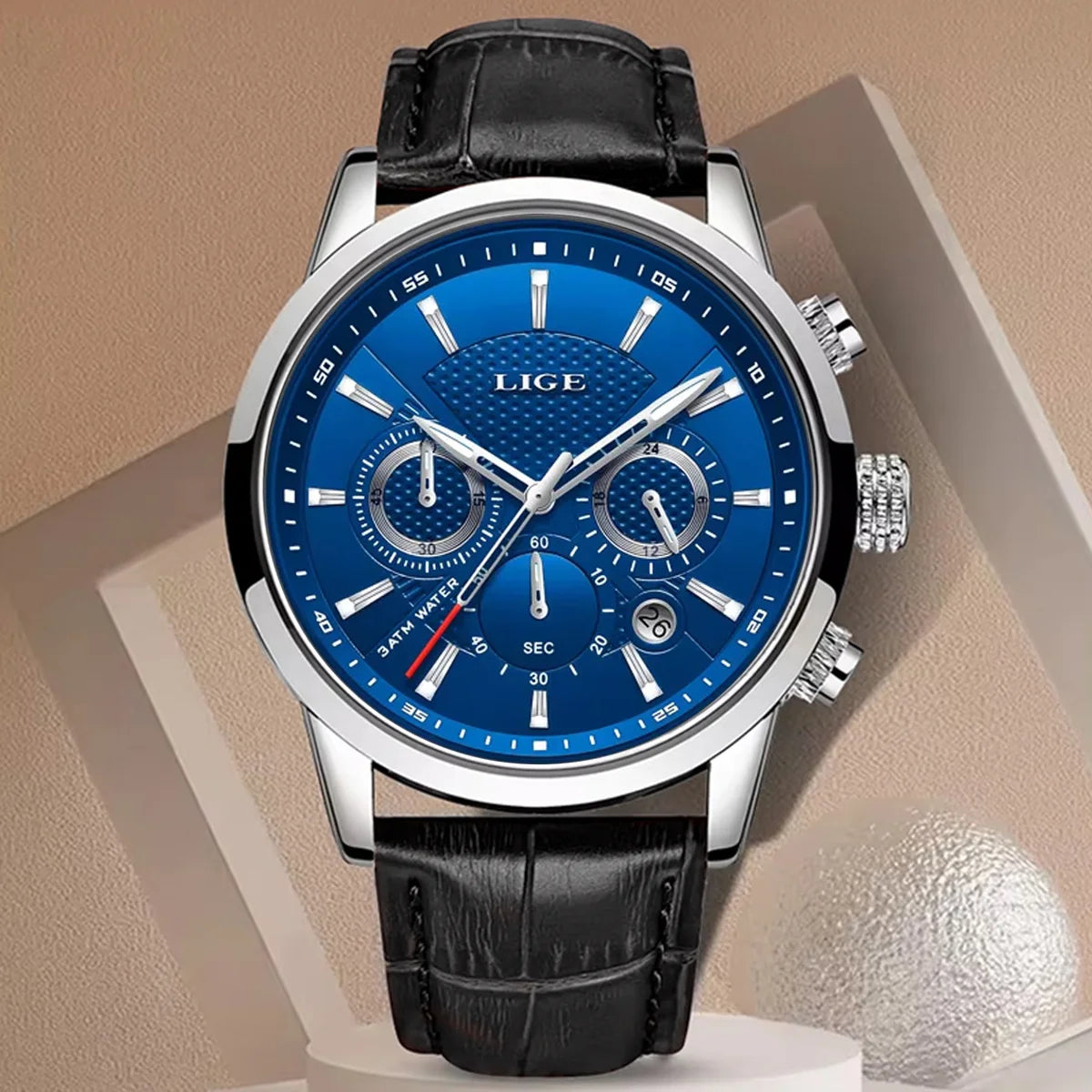 LIGE Mens Business Watches Luxury Waterproof Sport Man Watch Chronograph Genuine Leather Men Quartz Wristwatch Relogio Masculino