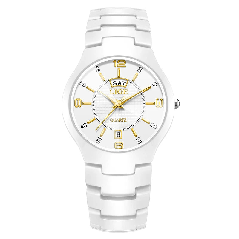LIGE 2026 Elegant Ceramic Womens Watch Luxury Fashion Quartz Wristwatches Waterproof Date Week Watches Ladies Gifts Reloj Mujer