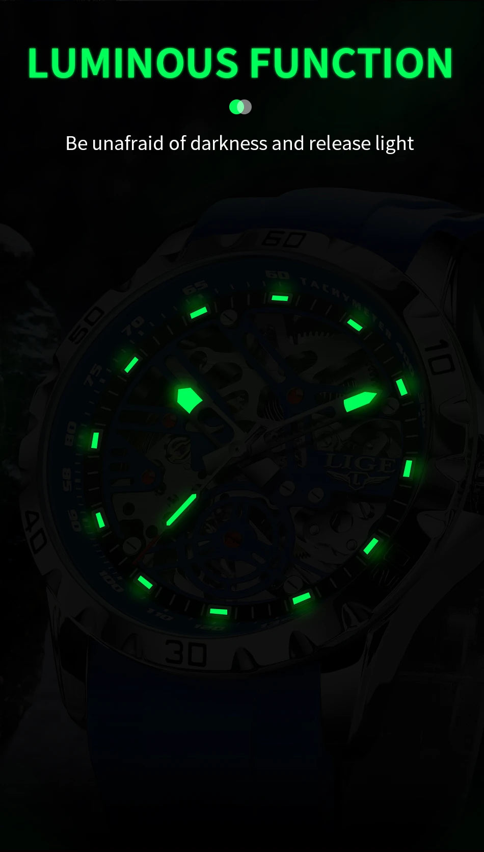 LIGE Luxury Men  Automatic Mechanical Watch Luminous Hollowed Movement Waterproof Luminous Mechanical wristwatches  Reloj Montre