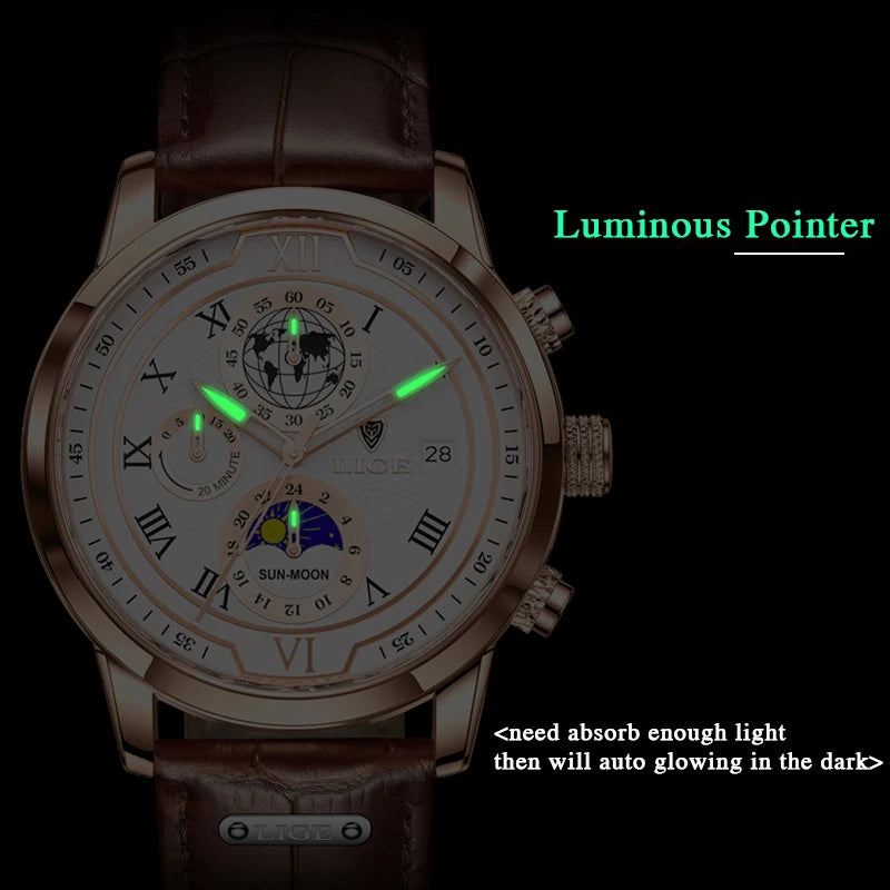 LIGE Brand Luxury Mens Watch Business Fashion Quartz Wristwatch Sport Waterproof Luminous Leather Strap Watches Men Reloj hombre