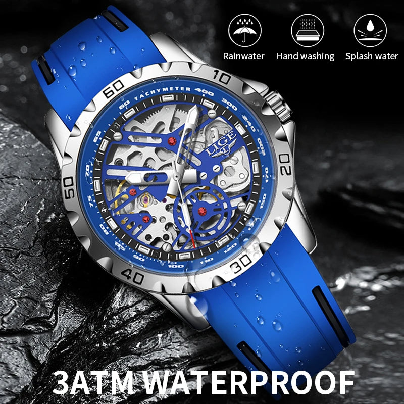 LIGE Luxury Men  Automatic Mechanical Watch Luminous Hollowed Movement Waterproof Luminous Mechanical wristwatches  Reloj Montre