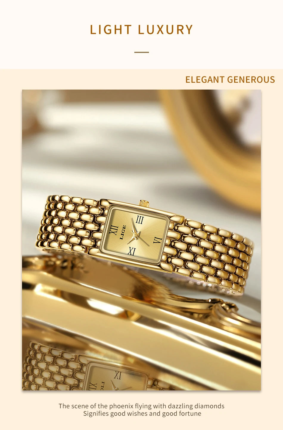 LIGE Gold Watch for Women Square Ladies Quartz Wristwatches Stainless Steel Women Small Gold Watch Luxury Casual Fashion Watch