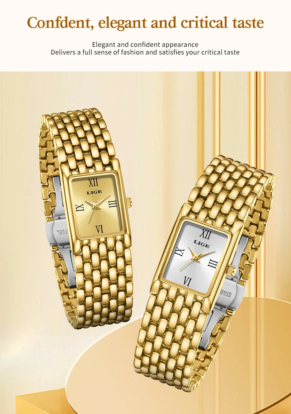 LIGE Gold Watch for Women Square Ladies Quartz Wristwatches Stainless Steel Women Small Gold Watch Luxury Casual Fashion Watch