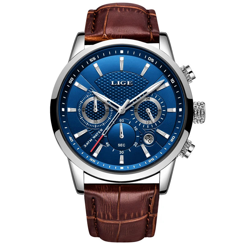 2023 New Mens Watches LIGE Top Brand Leather Chronograph Waterproof Sport Automatic Date Quartz Watch For Men Relogio Masculino