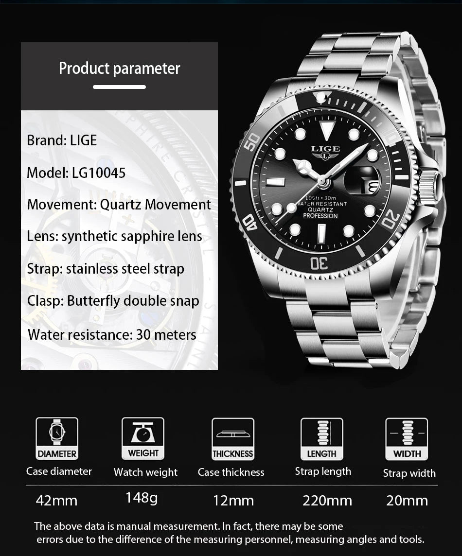 LIGE Watch For Men Top Brand Luxury Fashion Men Watch Casual Business Waterproof Chronograph Quartz Wristwatches Montre Homme