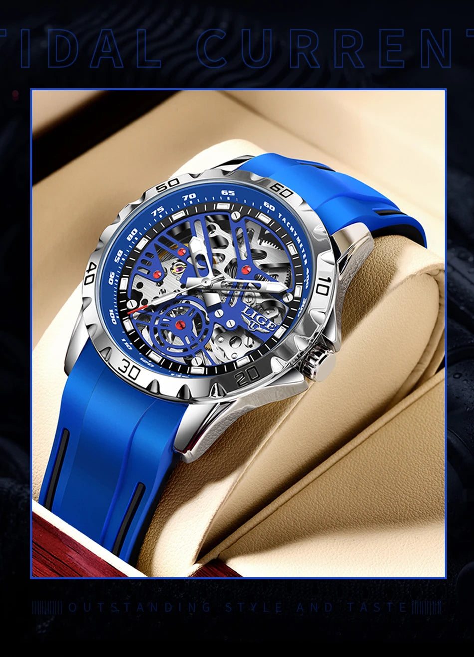 LIGE Luxury Men  Automatic Mechanical Watch Luminous Hollowed Movement Waterproof Luminous Mechanical wristwatches  Reloj Montre