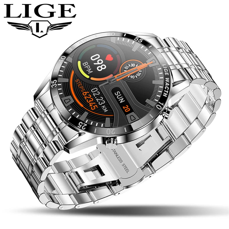 LIGE Men Smart Watch Bluetooth Call Luxury Full Circle Touch Screen Steel Band Waterproof Sports Fitness Watch For Android IOS