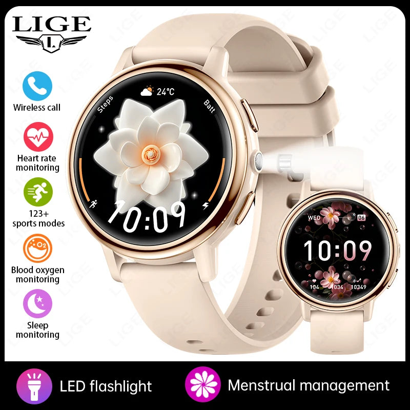 LIGE New Lady Fashion Smart Watch 1.26" HD Heart Rate Women's Health Bluetooth Voice Call Waterproof Flashlight Smartwatch