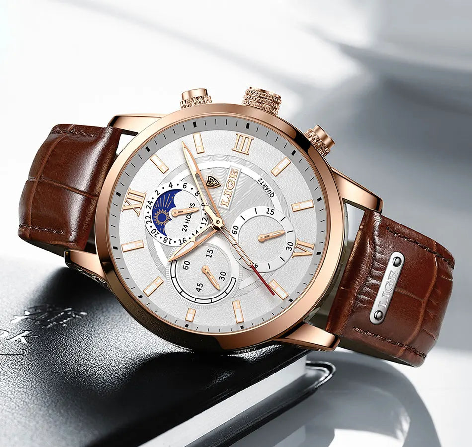 LIGE 2024 New Mens Watches Top Brand Luxury Brown Leather Casual Quartz Watch Men Sport Waterproof Clock Watch Relogio Masculino