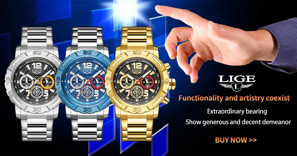 LIGE Fashion Luxury Watch for Men Top Brand Big Dial Waterproof Quartz Men's Watches Stainless Band Calendar Clocks Wristwatches