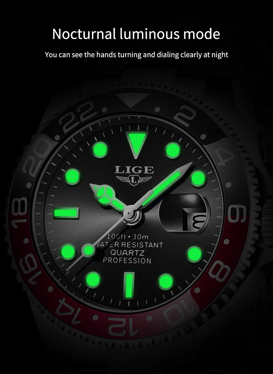 LIGE New Mens Watches Top Brand Luxury Fashion Black Watch Men Luminous Waterproof Date Clock Sport Mens Quartz Wristwatch