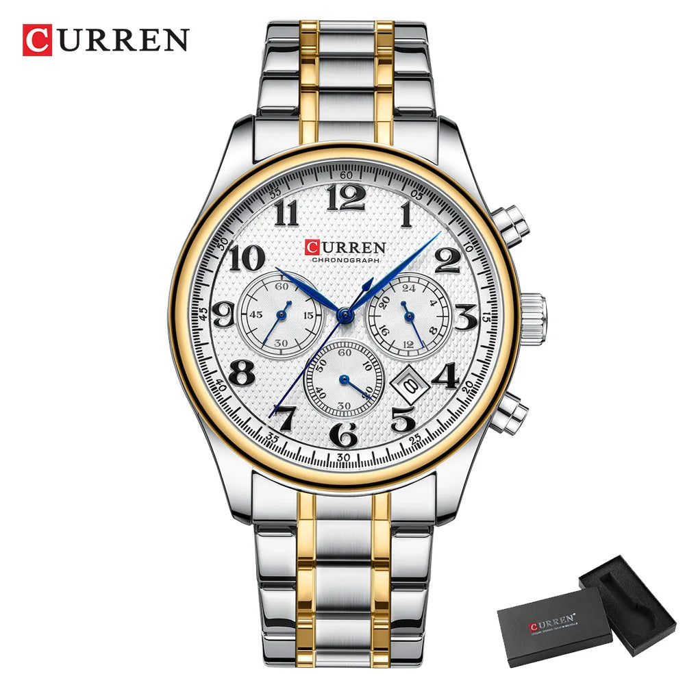 CURREN Men's Watches Luxury Brand Quartz Wristwatch - Chronograph Round Dial with Auto Date, Waterproof