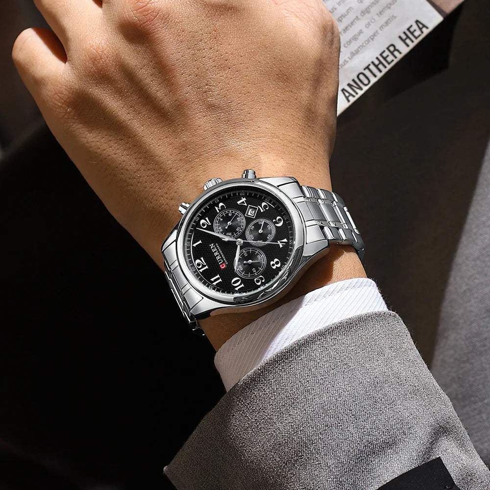 CURREN Men's Watches Luxury Brand Quartz Wristwatch - Chronograph Round Dial with Auto Date, Waterproof