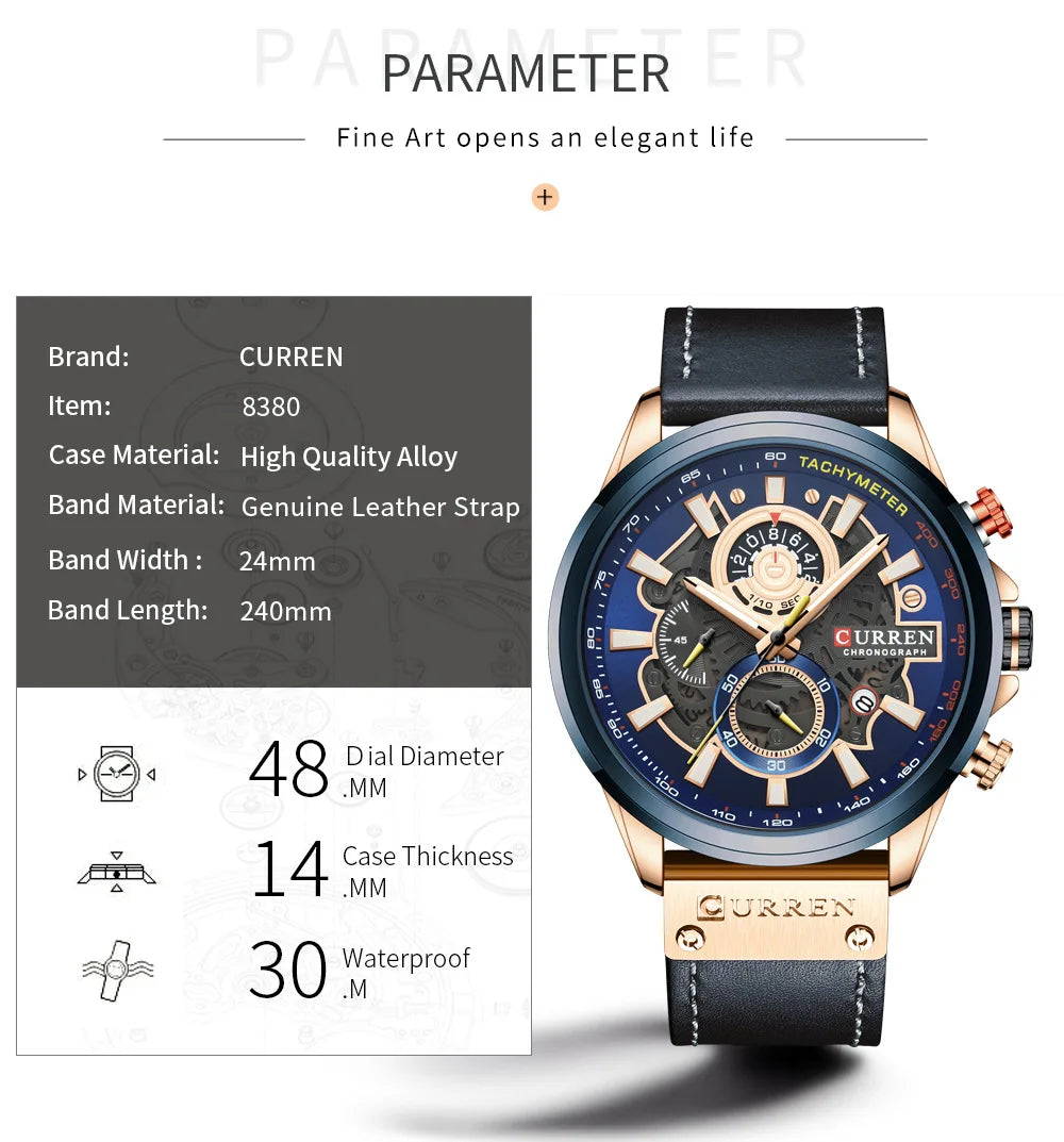 Curren 8380 Fashion Luxury Quartz Men's Watch Multi Functional Chronograph Calendar Waterproof Luminous Watches for Men Часы