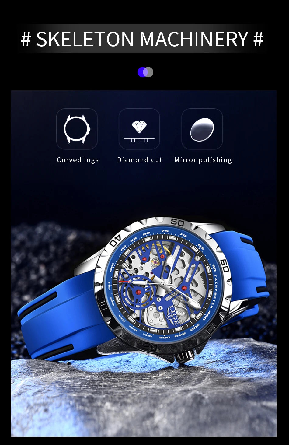 LIGE Luxury Men  Automatic Mechanical Watch Luminous Hollowed Movement Waterproof Luminous Mechanical wristwatches  Reloj Montre