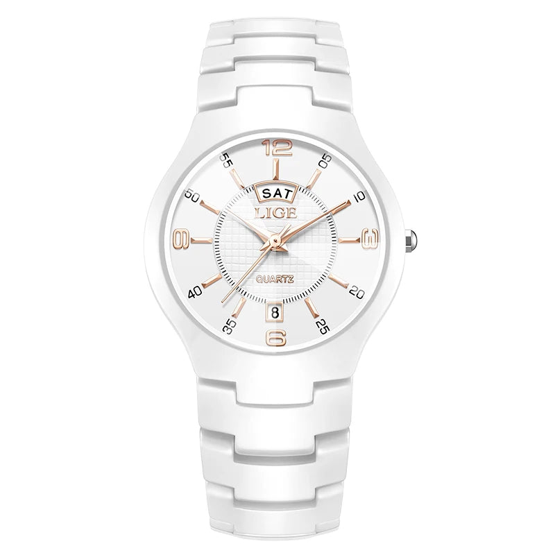 LIGE 2026 Elegant Ceramic Womens Watch Luxury Fashion Quartz Wristwatches Waterproof Date Week Watches Ladies Gifts Reloj Mujer