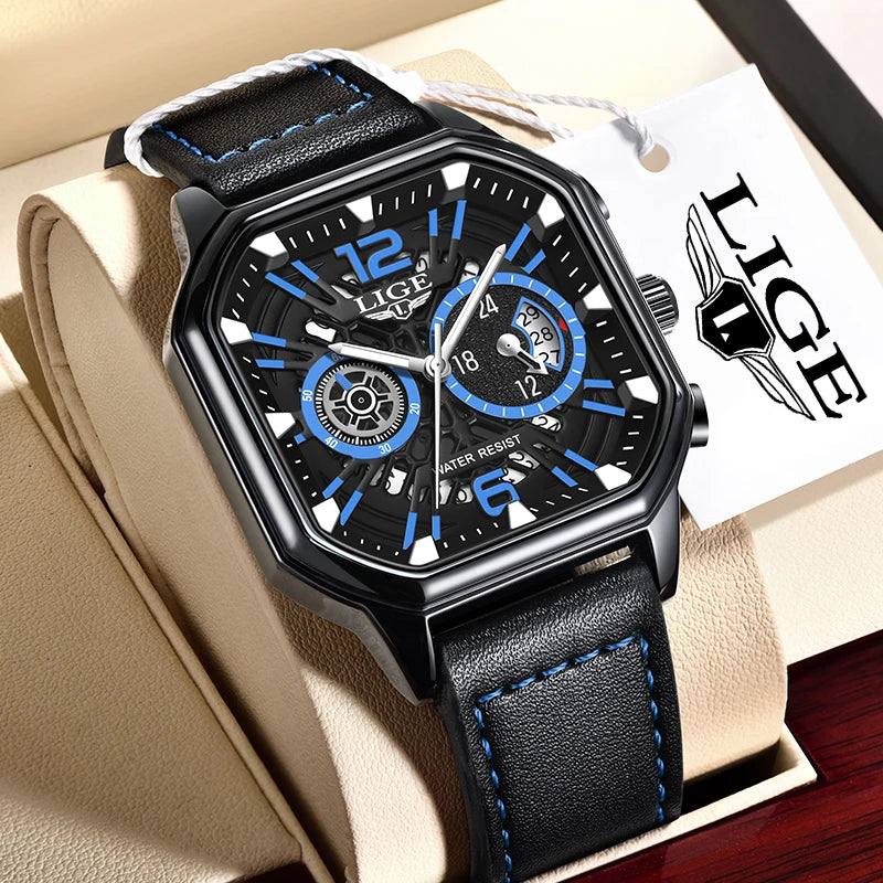 LIGE Fashion Mens Watch Leather Clock Brand Luxury Sport Chronograph Quartz Watches For Men Wrist Watch Relogios Masculino+Box