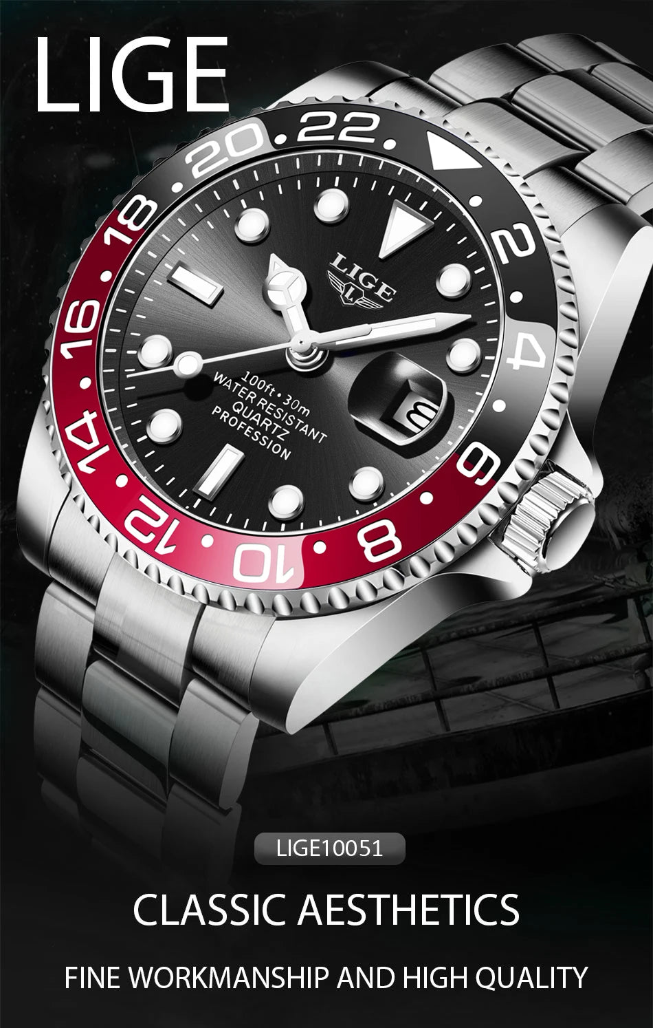 LIGE New Mens Watches Top Brand Luxury Fashion Black Watch Men Luminous Waterproof Date Clock Sport Mens Quartz Wristwatch