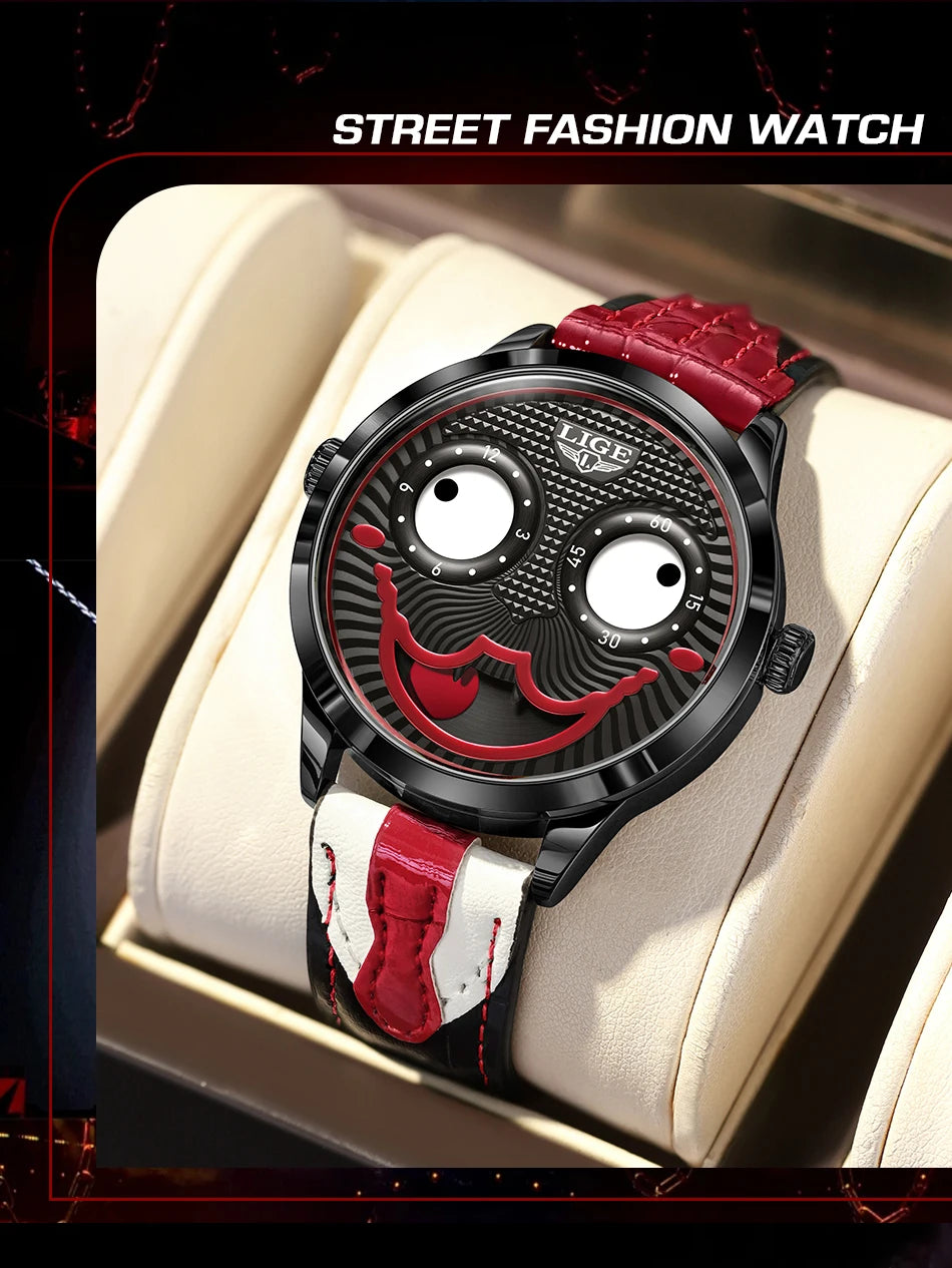 LIGE Creative Watches For Men Clown Fashion Quartz Wristwatches Waterproof Leather Strap Mens Watch Cool Joker Reloj Hombre