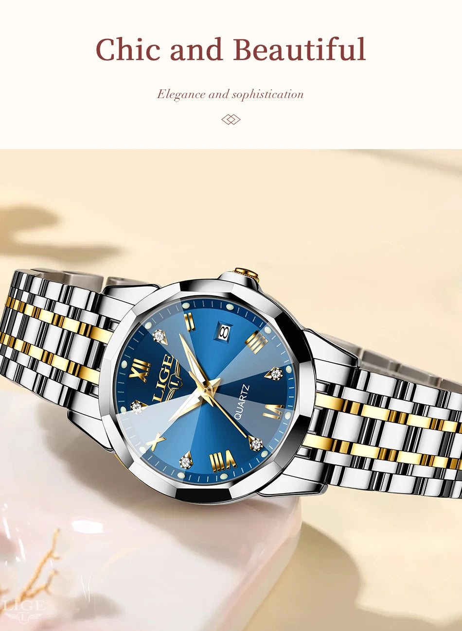 LIGE Women Watches Luxury Fashion Ladies Quartz Watch Waterproof Luminous Date Stainless Steel Wristwatch Girlfriend Gift