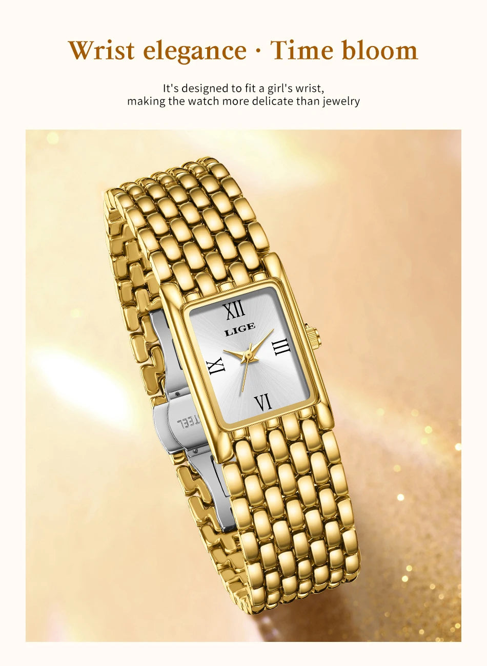 LIGE Watch Women Fashion Casual Luxury Womens Waterproof Square Dial Steel Belt Quartz Wrist Watches Christmas Gifts Reloj Mujer