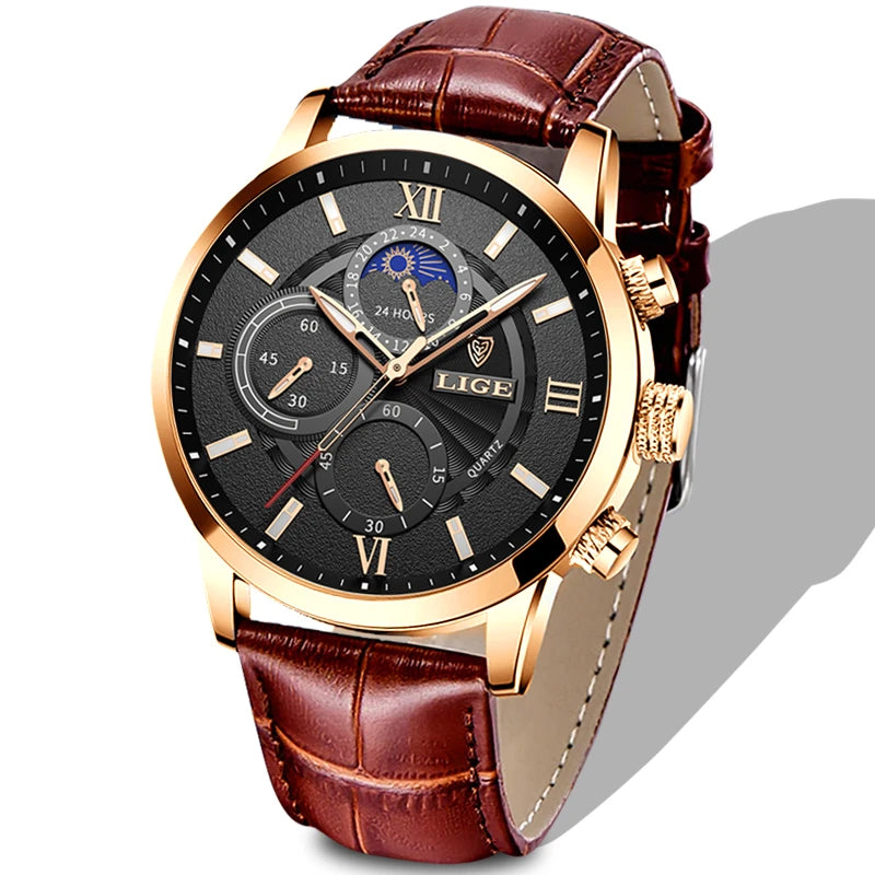 LIGE New Mens Watches Top Brand Luxury Brown Leather Casual Quartz Watch Men Sport Waterproof Clock Watch Relogio Masculino