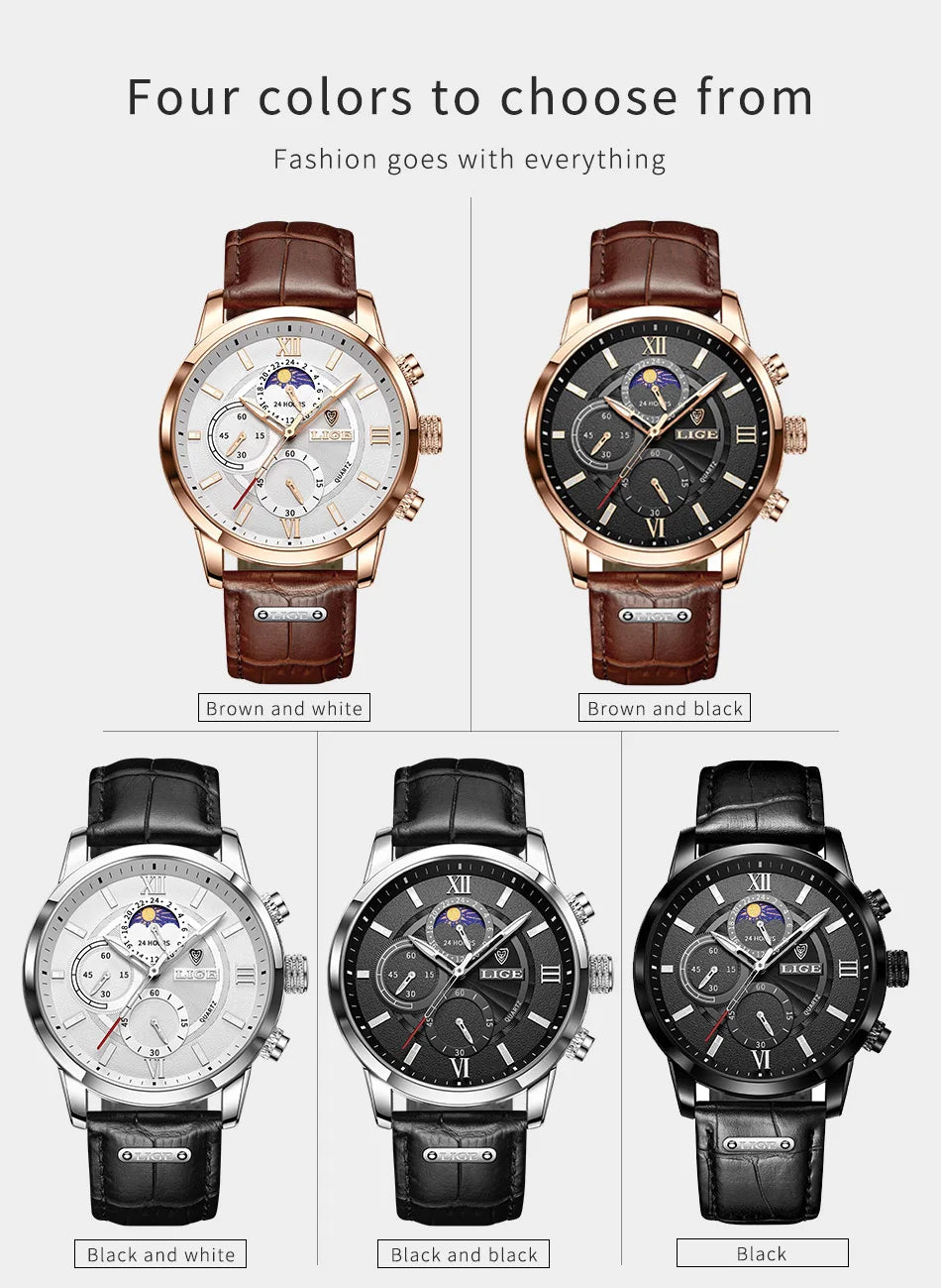 LIGE New Mens Watches Top Brand Luxury Brown Leather Casual Quartz Watch Men Sport Waterproof Clock Watch Relogio Masculino