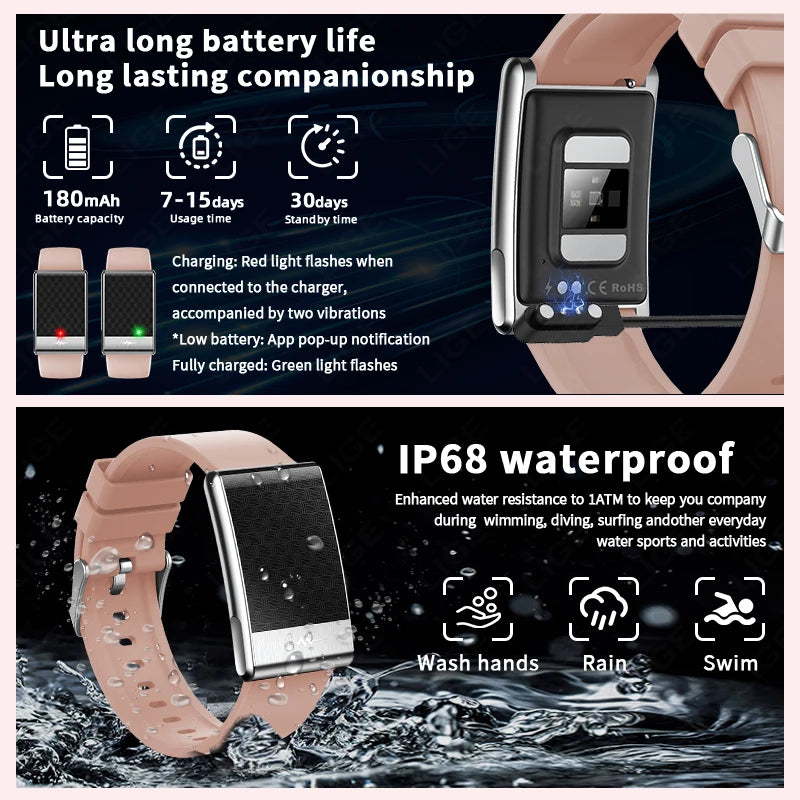 LIGE ECG Smart Watch for Men  Women Sports Fitness Temperature Health Monitoring Waterproof Wristbands No Screen Smart Bracelet
