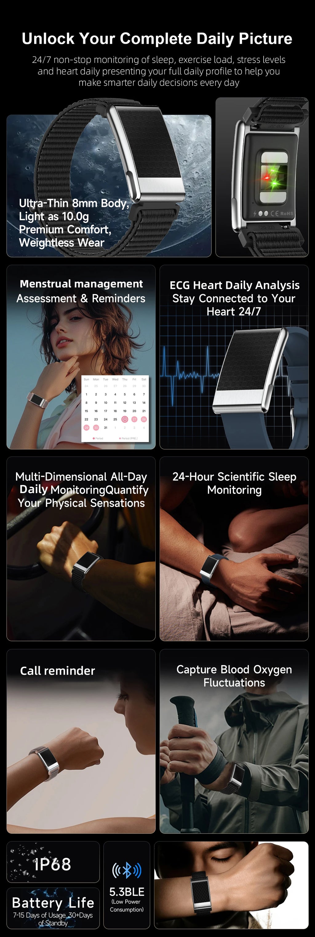 LIGE ECG Smart Watch for Men  Women Sports Fitness Temperature Health Monitoring Waterproof Wristbands No Screen Smart Bracelet