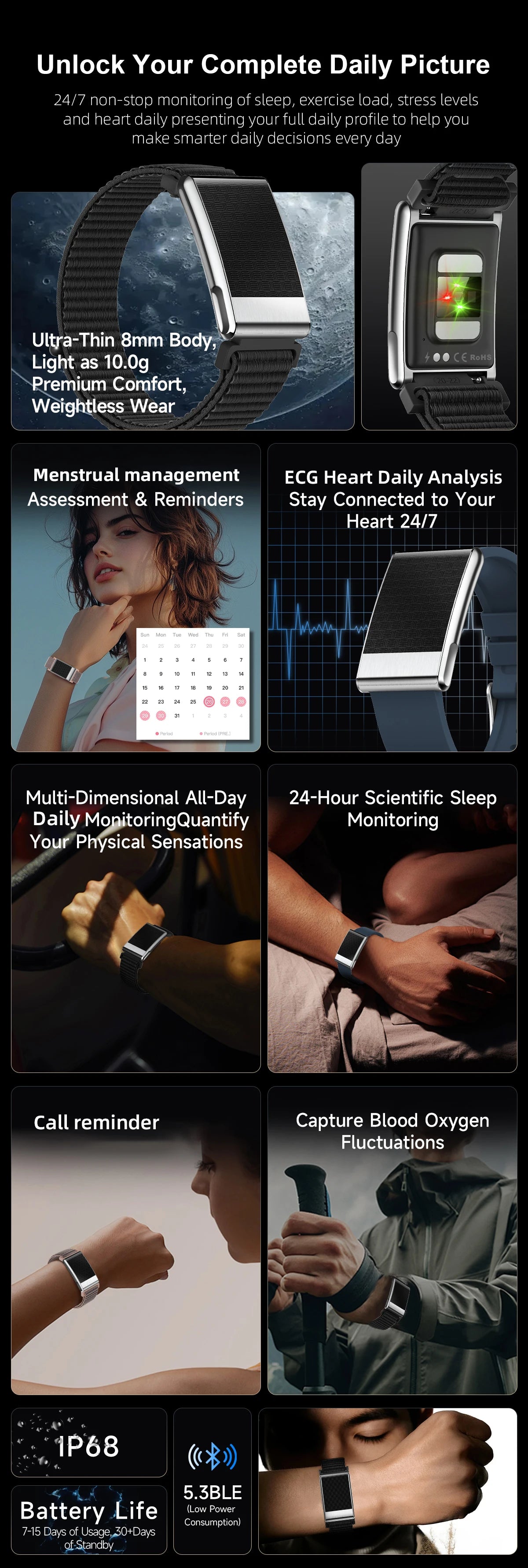 LIGE ECG Smart Watch for Men  Women Sports Fitness Temperature Health Monitoring Waterproof Wristbands No Screen Smart Bracelet