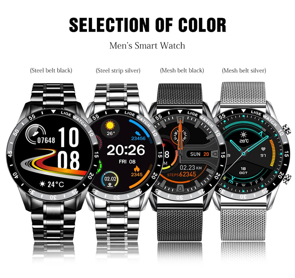 LIGE Men Smart Watch Bluetooth Call Luxury Full Circle Touch Screen Steel Band Waterproof Sports Fitness Watch For Android IOS