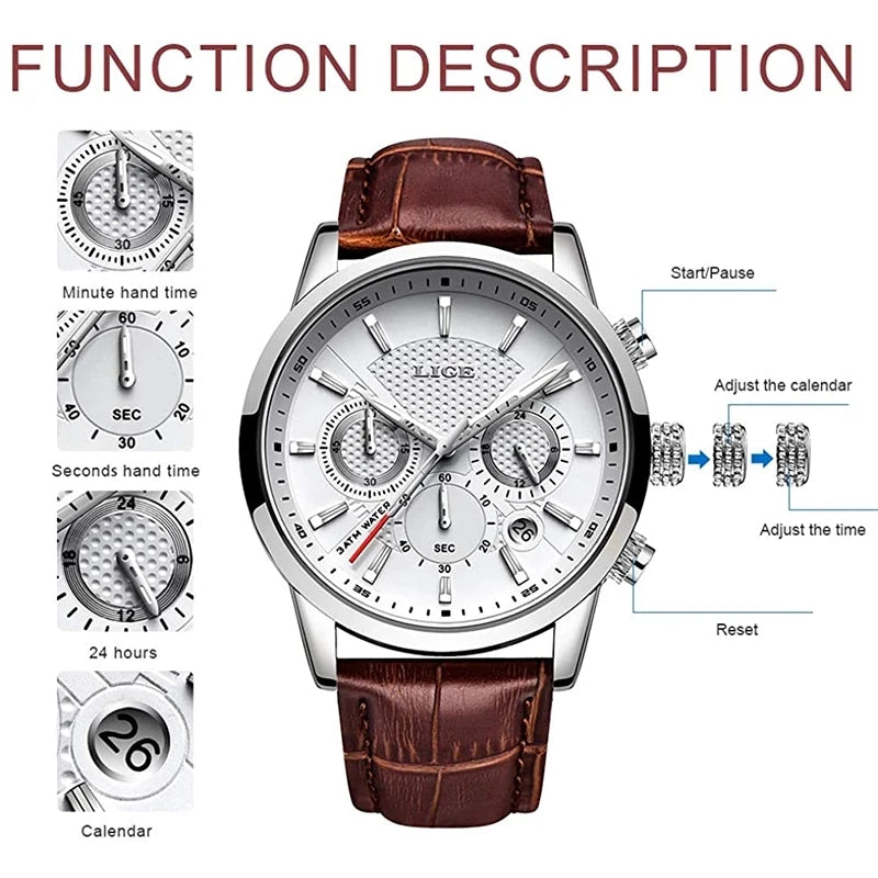 LIGE Watch Men Fashion Sports Quartz Clocks Mens Watches Top Brand Leather Military Waterproof Date Watch Relogio Masculino