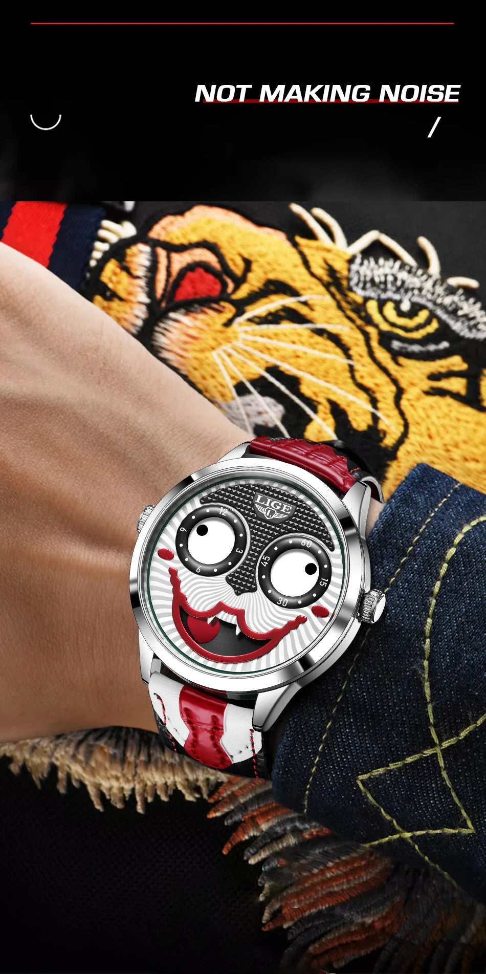 LIGE Creative Watches For Men Clown Fashion Quartz Wristwatches Waterproof Leather Strap Mens Watch Cool Joker Reloj Hombre