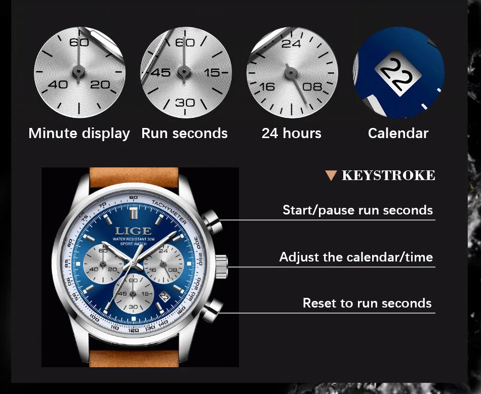 LIGE  Fashion Military Watches for Men Luxury Original Sports Chronograph Watch Waterproof Quartz Clock Digital WristWatch