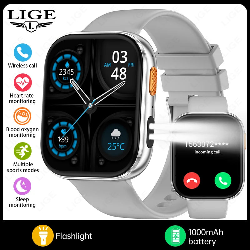 LIGE 2026 1000mAh Battery Men Women Smart Watch 2.04" HD Large Screen Flashlight Hear Rate Bluetooth Call Smartwatch 100+ Sports