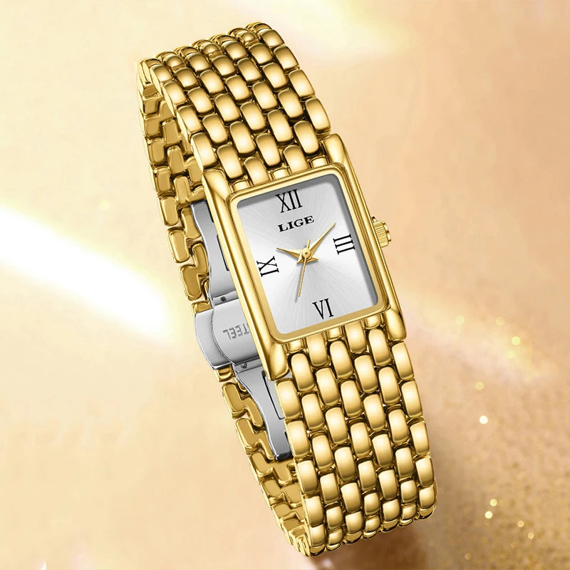 LIGE Watch Women Fashion Casual Luxury Womens Waterproof Square Dial Steel Belt Quartz Wrist Watches Christmas Gifts Reloj Mujer
