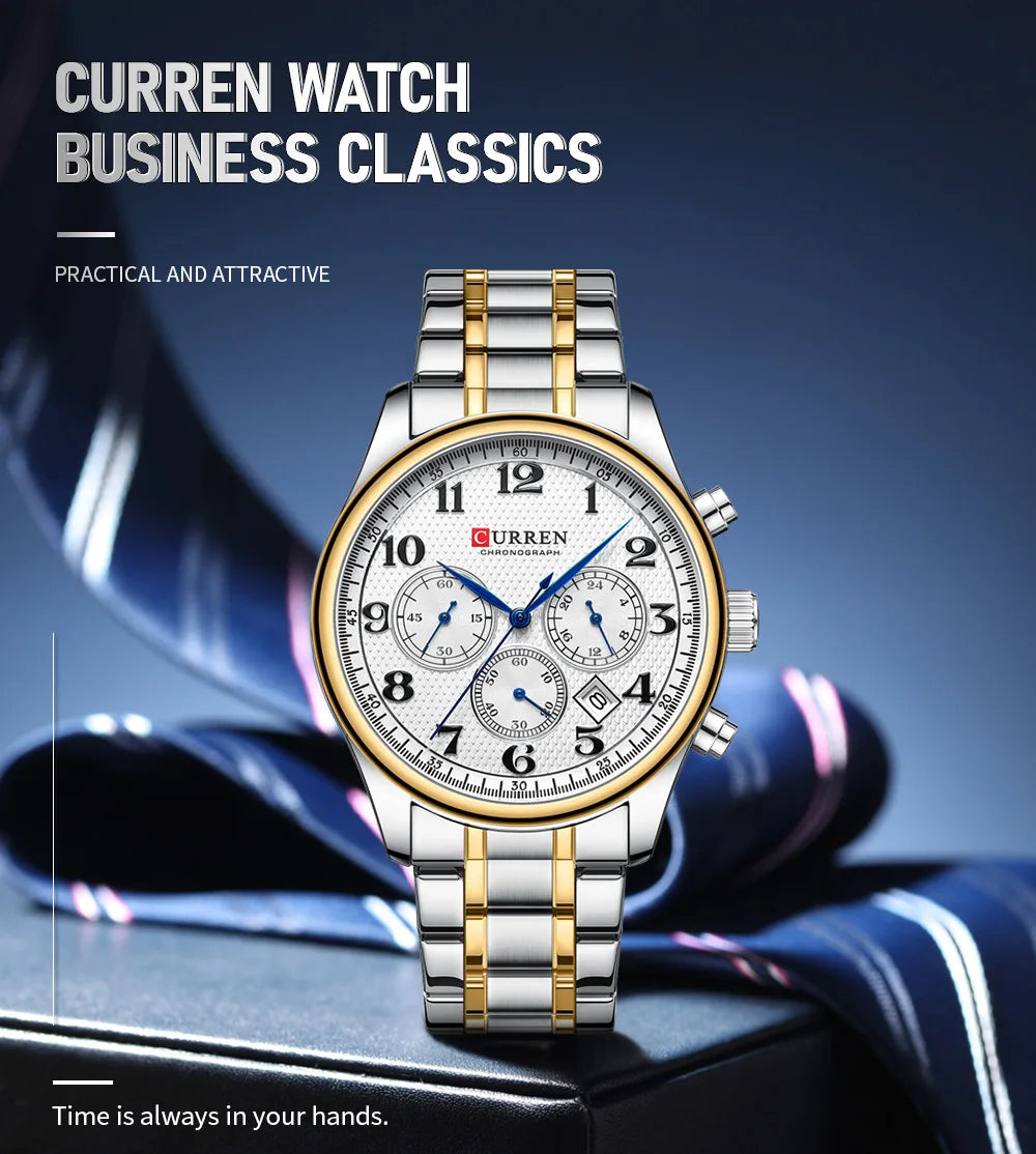 CURREN Men's Watches Luxury Brand Quartz Wristwatch - Chronograph Round Dial with Auto Date, Waterproof