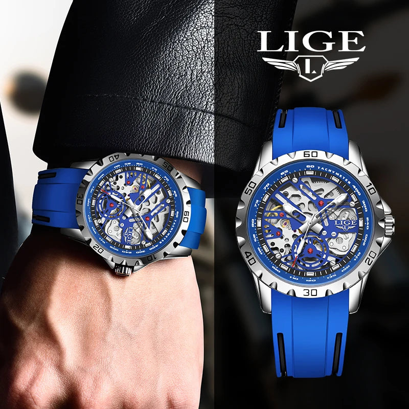 LIGE Luxury Men  Automatic Mechanical Watch Luminous Hollowed Movement Waterproof Luminous Mechanical wristwatches  Reloj Montre