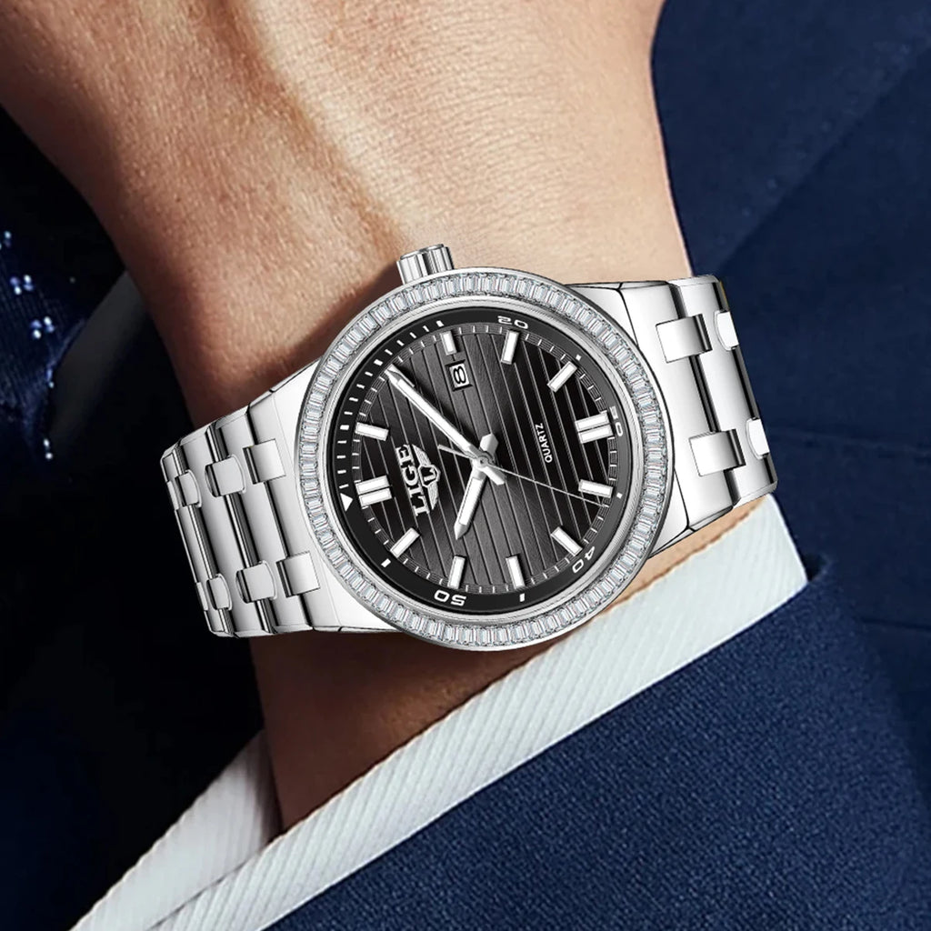 LIGE High Quality Men Watches Business Top Brand Luxury Man Diamond Wristwatch Waterproof Luminous Quartz Watch Calendar Clock