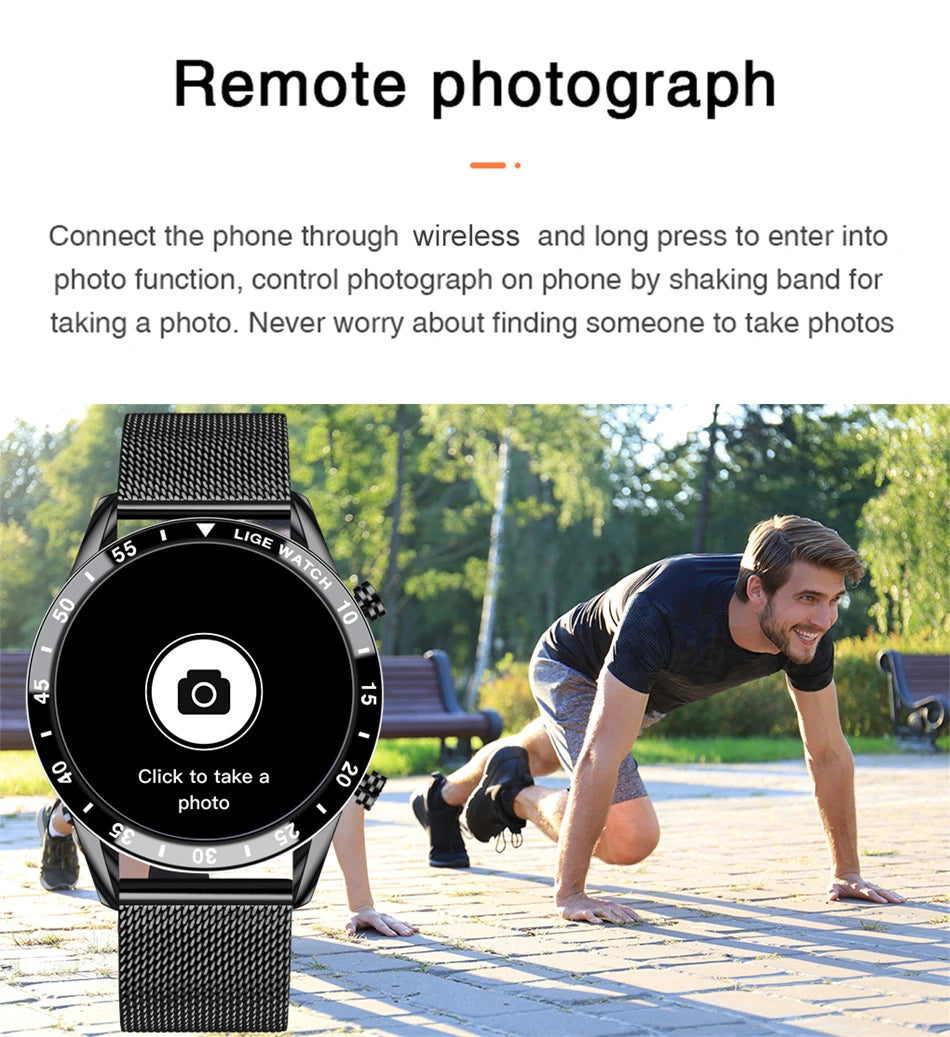 LIGE Men Smart Watch Bluetooth Call Luxury Full Circle Touch Screen Steel Band Waterproof Sports Fitness Watch For Android IOS