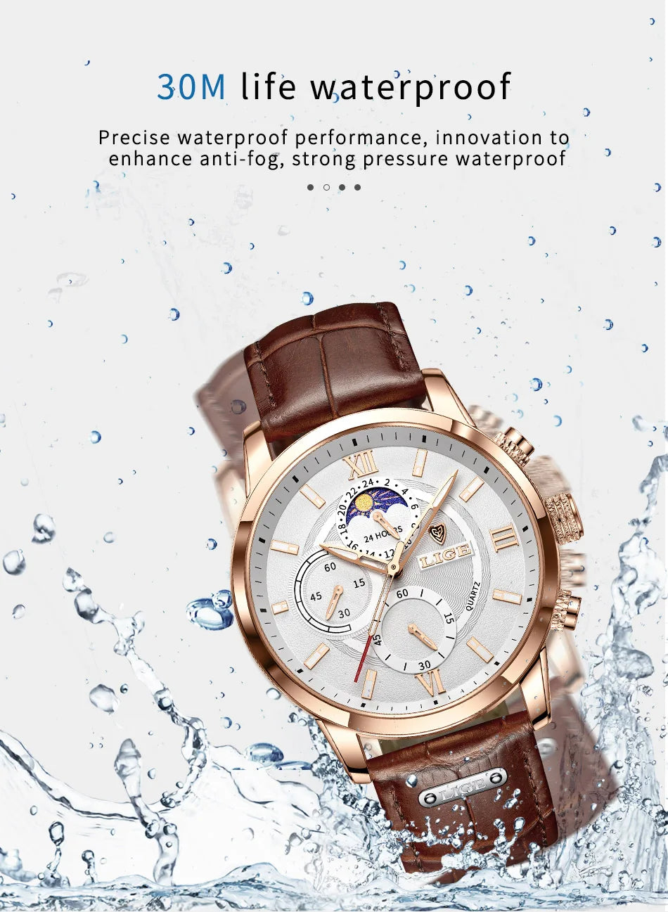 LIGE New Mens Watches Top Brand Luxury Brown Leather Casual Quartz Watch Men Sport Waterproof Clock Watch Relogio Masculino