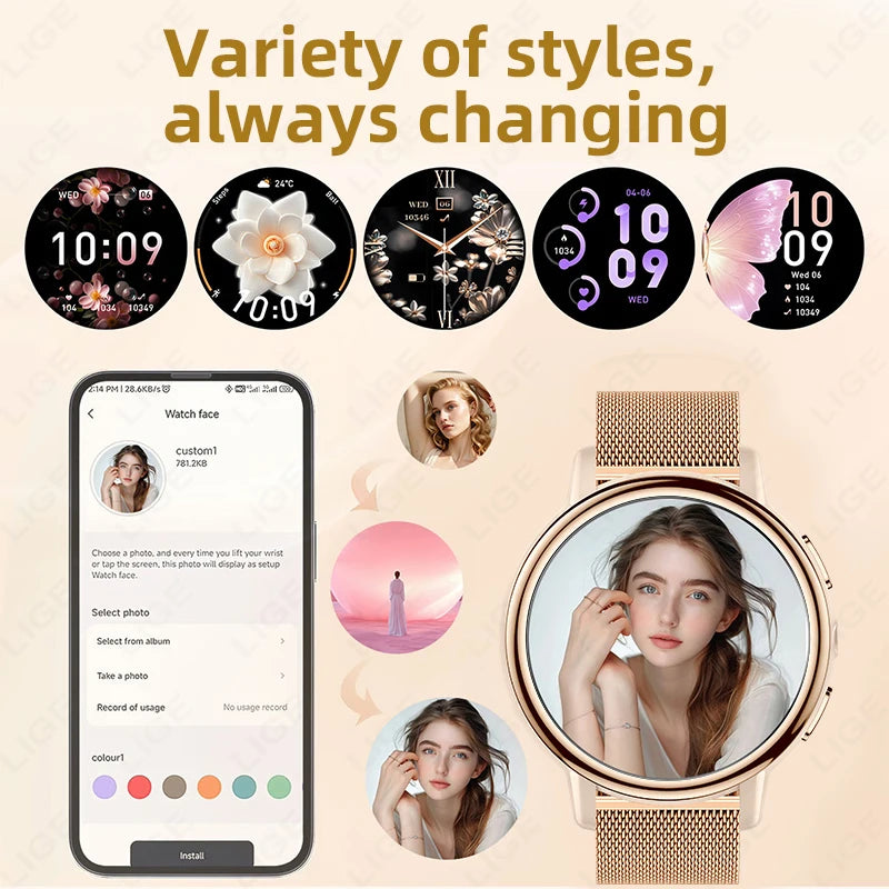 LIGE New Lady Fashion Smart Watch 1.26" HD Heart Rate Women's Health Bluetooth Voice Call Waterproof Flashlight Smartwatch