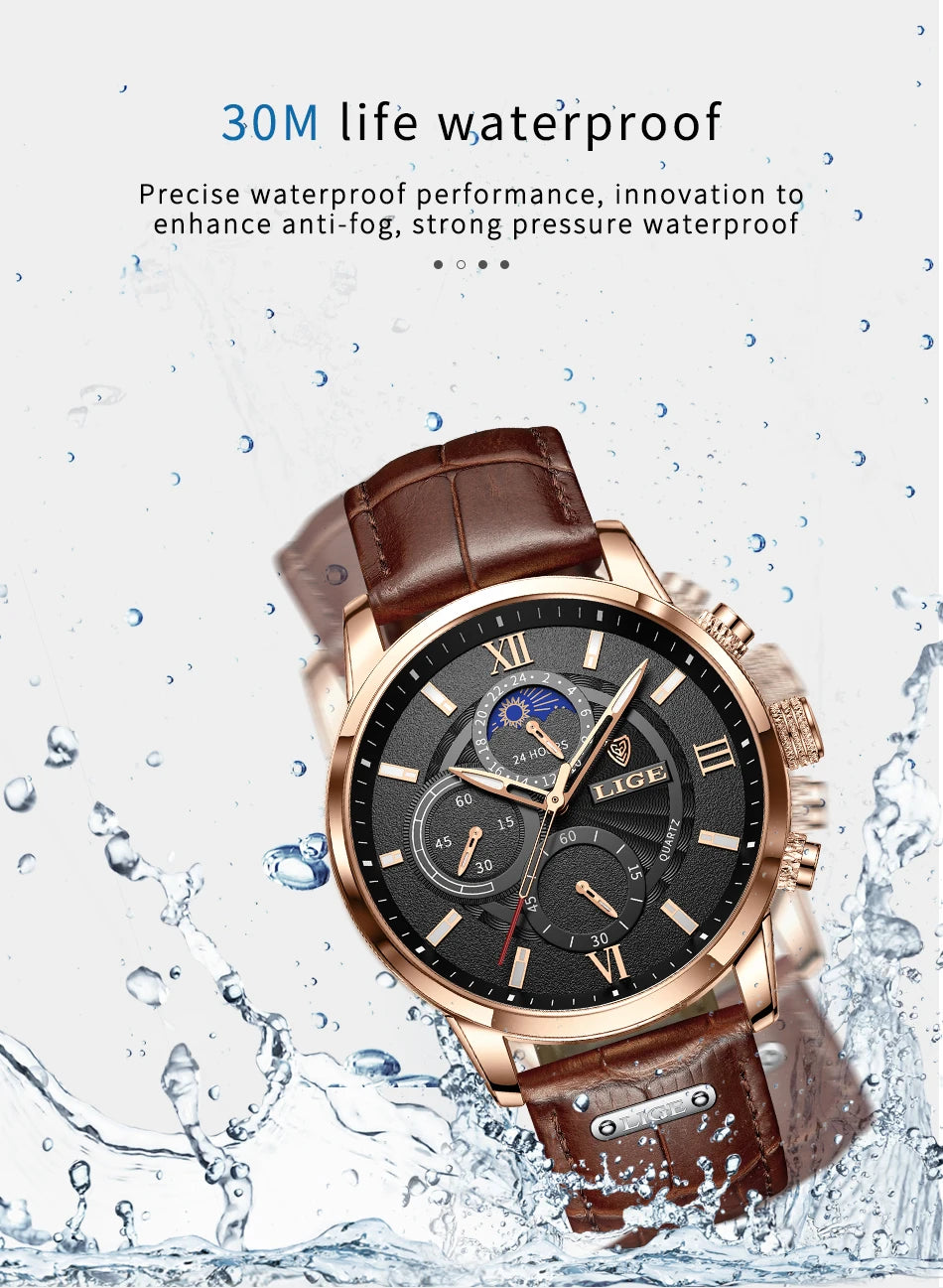 LIGE 2024 New Mens Watches Top Brand Luxury Brown Leather Casual Quartz Watch Men Sport Waterproof Clock Watch Relogio Masculino