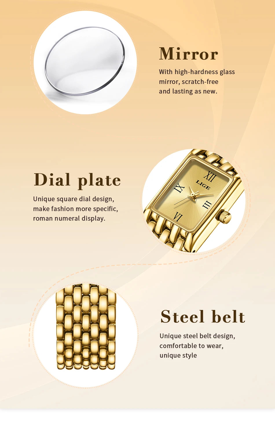 LIGE Gold Watch for Women Square Ladies Quartz Wristwatches Stainless Steel Women Small Gold Watch Luxury Casual Fashion Watch