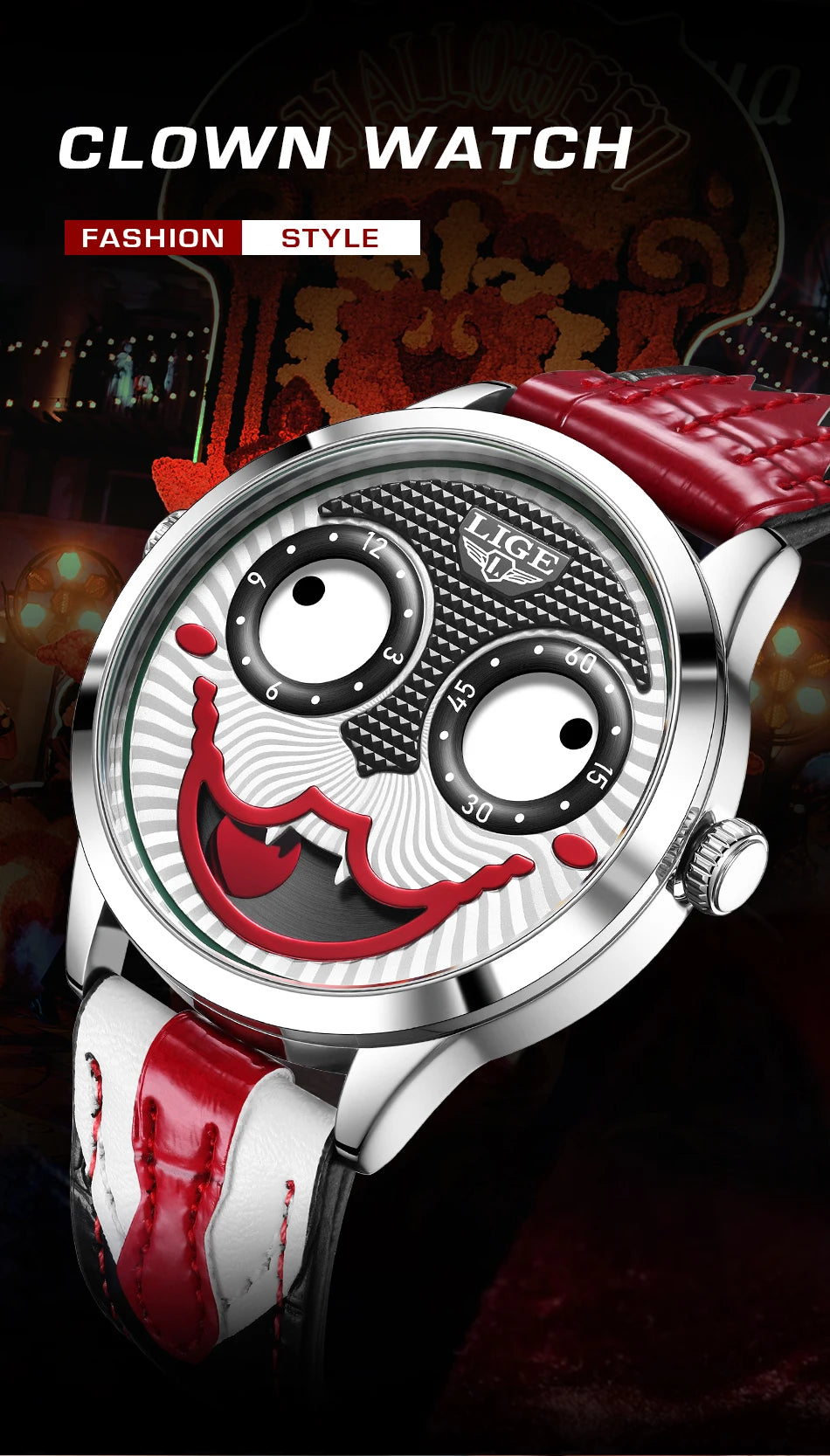 LIGE Creative Watches For Men Clown Fashion Quartz Wristwatches Waterproof Leather Strap Mens Watch Cool Joker Reloj Hombre