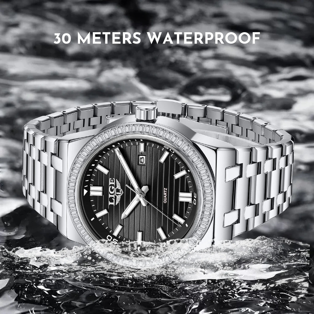 LIGE High Quality Men Watches Business Top Brand Luxury Man Diamond Wristwatch Waterproof Luminous Quartz Watch Calendar Clock