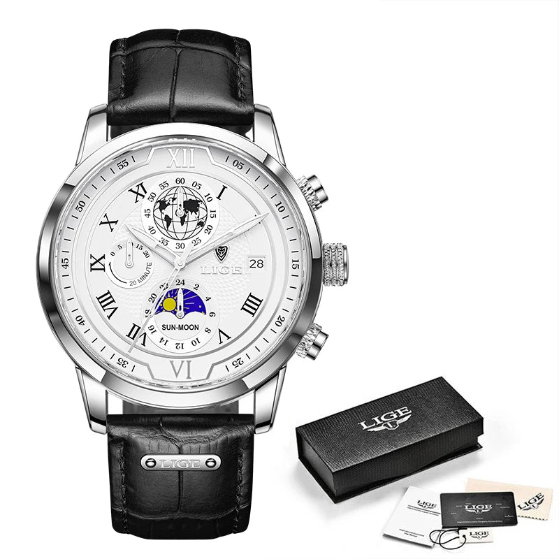 LIGE Brand Luxury Mens Watch Business Fashion Quartz Wristwatch Sport Waterproof Luminous Leather Strap Watches Men Reloj hombre