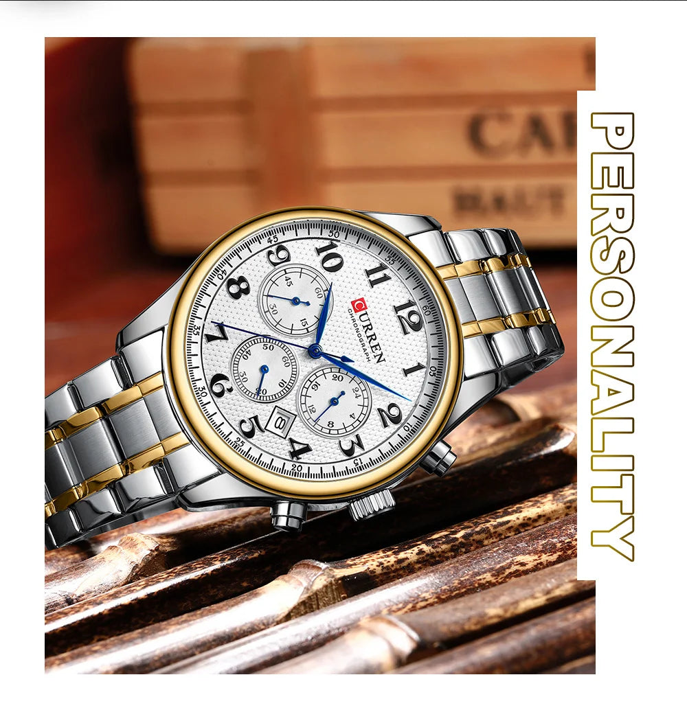 CURREN Men's Watches Luxury Brand Quartz Wristwatch - Chronograph Round Dial with Auto Date, Waterproof